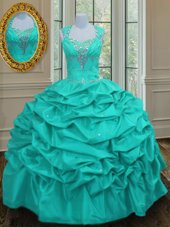 Sweet Aqua Blue Vestidos de Quinceanera Military Ball and Sweet 16 and Quinceanera and For with Beading and Pick Ups Straps Sleeveless Lace Up