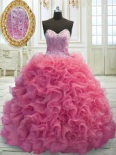 Latest Rose Pink Lace Up Sweetheart Beading and Ruffles Quinceanera Gowns Organza Sleeveless Sweep Train