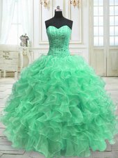 Pretty Green Sleeveless Floor Length Beading and Ruffles Lace Up Sweet 16 Dresses