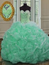 Sleeveless Organza Sweep Train Lace Up Vestidos de Quinceanera in Apple Green for with Beading and Pick Ups
