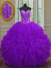 Purple Sweetheart Lace Up Beading and Ruffles Quince Ball Gowns Sleeveless