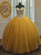 Beading Quinceanera Dress Gold Lace Up Sleeveless Floor Length