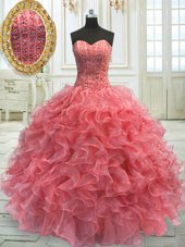Eye-catching Sweetheart Sleeveless Quinceanera Dress Floor Length Beading and Ruffles Watermelon Red Organza