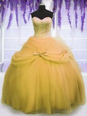 Colorful Gold Tulle Lace Up Quinceanera Dress Sleeveless Floor Length Beading and Bowknot