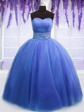 Fabulous Blue Ball Gowns Sweetheart Sleeveless Tulle Floor Length Lace Up Beading and Belt Quinceanera Dress