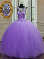 Ball Gowns 15th Birthday Dress Lavender Scoop Tulle Sleeveless Floor Length Lace Up