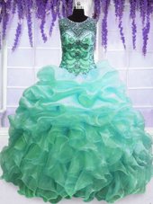 Glittering Turquoise Ball Gown Prom Dress Military Ball and Sweet 16 and Quinceanera and For with Beading and Pick Ups Scoop Sleeveless Lace Up