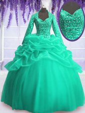 Cute Turquoise Ball Gowns V-neck Long Sleeves Organza Floor Length Zipper Sequins and Pick Ups Ball Gown Prom Dress