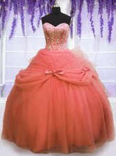 Affordable Sweetheart Sleeveless Tulle Quinceanera Dresses Beading and Bowknot Lace Up
