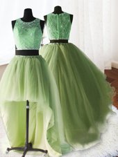 Three Piece Yellow Green Ball Gowns Scoop Sleeveless Organza and Tulle and Lace With Brush Train Zipper Beading and Lace and Ruffles Vestidos de Quinceanera