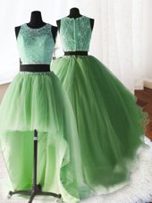 Glamorous Three Piece Brush Train Ball Gowns Quinceanera Dress Yellow Green Scoop Organza and Tulle and Lace Sleeveless With Train Zipper