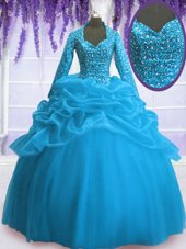 Floor Length Baby Blue Quince Ball Gowns Organza Long Sleeves Sequins and Pick Ups