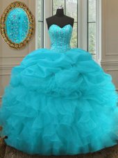 Aqua Blue Lace Up Sweetheart Beading and Ruffles and Pick Ups Quinceanera Dresses Organza Sleeveless