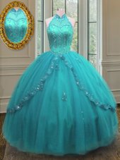 Decent Floor Length Aqua Blue Sweet 16 Dresses High-neck Sleeveless Lace Up