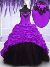 Eye-catching Purple Taffeta Lace Up Sweetheart Sleeveless With Train Quinceanera Dresses Sweep Train Appliques and Pick Ups