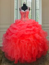 Artistic Sleeveless Organza Floor Length Lace Up Sweet 16 Quinceanera Dress in Coral Red for with Beading and Pick Ups