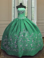 Luxurious Green Strapless Lace Up Embroidery Quince Ball Gowns Sleeveless