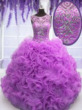 Fabulous Lilac Organza Lace Up Scoop Sleeveless Floor Length Quinceanera Gowns Beading and Ruffles