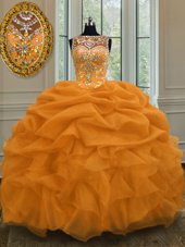 Charming Scoop Gold Sleeveless Beading and Pick Ups Floor Length 15th Birthday Dress