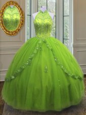 Yellow Green High-neck Neckline Beading and Appliques Sweet 16 Dress Sleeveless Lace Up