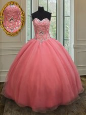 High Class Watermelon Red Sleeveless Organza Lace Up Vestidos de Quinceanera for Military Ball and Sweet 16 and Quinceanera