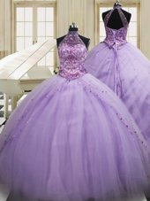 Fantastic Halter Top Sleeveless Tulle 15th Birthday Dress Beading and Embroidery Sweep Train Lace Up