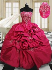 Custom Design Hot Pink Taffeta Lace Up 15th Birthday Dress Sleeveless Floor Length Beading and Embroidery and Pick Ups
