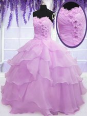 Sleeveless Organza Floor Length Lace Up 15 Quinceanera Dress in Lilac for with Beading and Ruffled Layers and Hand Made Flower