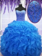Gorgeous Organza Sweetheart Sleeveless Lace Up Beading and Ruffles Sweet 16 Dress in Royal Blue