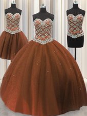 Beauteous Three Piece Brown Ball Gowns Sweetheart Sleeveless Tulle Floor Length Lace Up Beading and Sequins Sweet 16 Quinceanera Dress