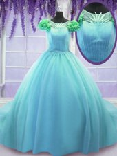 Best Selling Scoop Hand Made Flower Ball Gown Prom Dress Blue Lace Up Short Sleeves Court Train