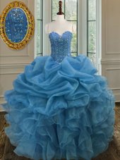 Luxury Blue Lace Up Quince Ball Gowns Beading and Ruffles Sleeveless Floor Length