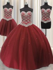 Popular Three Piece Tulle Sleeveless Floor Length Quinceanera Dress and Beading and Sequins