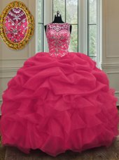 Scoop Coral Red Sleeveless Beading and Pick Ups Floor Length 15th Birthday Dress