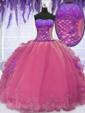 Hot Pink Lace Up Strapless Embroidery and Ruffles Sweet 16 Dress Organza Sleeveless
