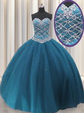 Sweetheart Sleeveless Quinceanera Gown Floor Length Beading and Sequins Teal Tulle