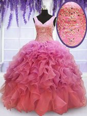Beautiful Floor Length Lace Up Vestidos de Quinceanera Pink and In for Prom and Military Ball and Sweet 16 and Quinceanera with Beading and Embroidery and Ruffles