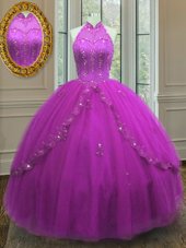 Fuchsia Ball Gowns Beading and Appliques Quinceanera Gown Lace Up Tulle Sleeveless Floor Length