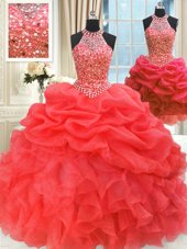 Three Piece Red Organza Lace Up Sweet 16 Dress Sleeveless Floor Length Beading and Pick Ups