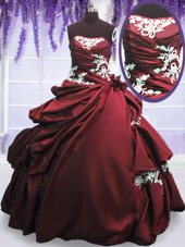 Burgundy Ball Gowns Taffeta Halter Top Sleeveless Beading and Appliques and Pick Ups Floor Length Lace Up 15th Birthday Dress