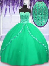 Chic Tulle Sweetheart Sleeveless Lace Up Beading and Sequins Quinceanera Gown in Green
