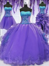 Shining Four Piece Lavender Sleeveless Embroidery and Ruffles Floor Length Sweet 16 Quinceanera Dress