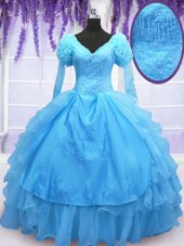 Organza Long Sleeves Floor Length Ball Gown Prom Dress and Beading and Embroidery and Hand Made Flower