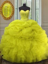 Glittering Sleeveless Floor Length Beading and Ruffles and Pick Ups Lace Up Sweet 16 Quinceanera Dress with Yellow