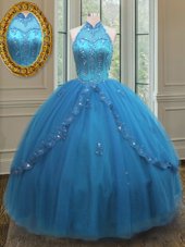 Blue Sleeveless Beading and Appliques Floor Length Sweet 16 Dresses