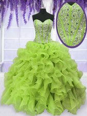 Most Popular Yellow Green Ball Gowns Organza Sweetheart Sleeveless Beading and Ruffles Floor Length Lace Up 15 Quinceanera Dress
