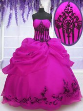 Eye-catching Strapless Sleeveless Organza Sweet 16 Dresses Embroidery and Pick Ups Lace Up