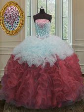 Admirable White And Red Strapless Lace Up Beading and Ruffles Ball Gown Prom Dress Sleeveless