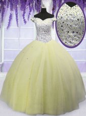 Free and Easy Light Yellow Off The Shoulder Lace Up Beading Sweet 16 Dress Short Sleeves