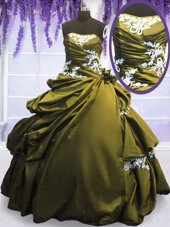 Eye-catching Sleeveless Floor Length Appliques and Pick Ups Lace Up Quince Ball Gowns with Olive Green